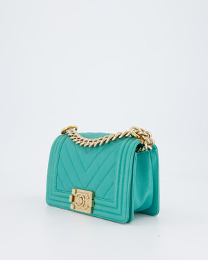 Chanel Mini Boy Bag in Teal Caviar Chevron Leather with Brushed Gold Hardware