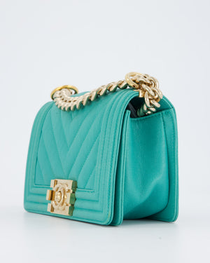 Chanel Mini Boy Bag in Teal Caviar Chevron Leather with Brushed Gold Hardware