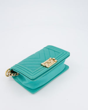 Chanel Mini Boy Bag in Teal Caviar Chevron Leather with Brushed Gold Hardware