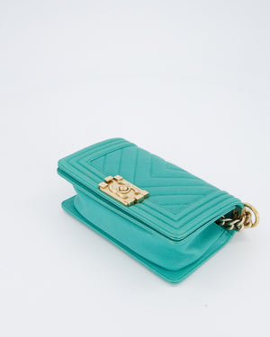 Chanel Mini Boy Bag in Teal Caviar Chevron Leather with Brushed Gold Hardware