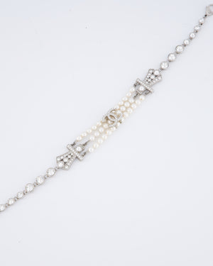 Chanel 23/S Silver Diamond Pearl Choker with CC Logo Detail