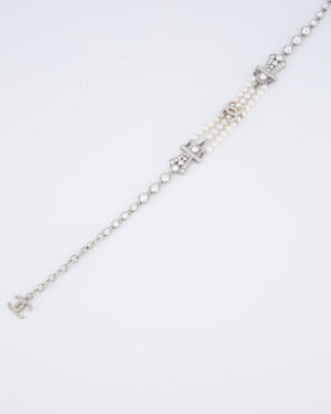 Chanel 23/S Silver Diamond Pearl Choker with CC Logo Detail