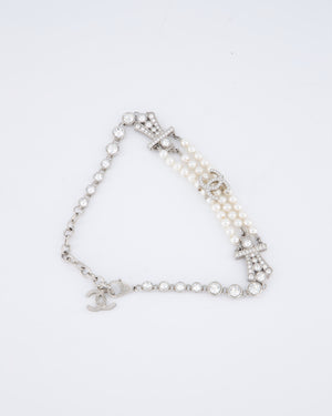 Chanel 23/S Silver Diamond Pearl Choker with CC Logo Detail