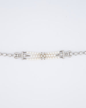 Chanel 23/S Silver Diamond Pearl Choker with CC Logo Detail