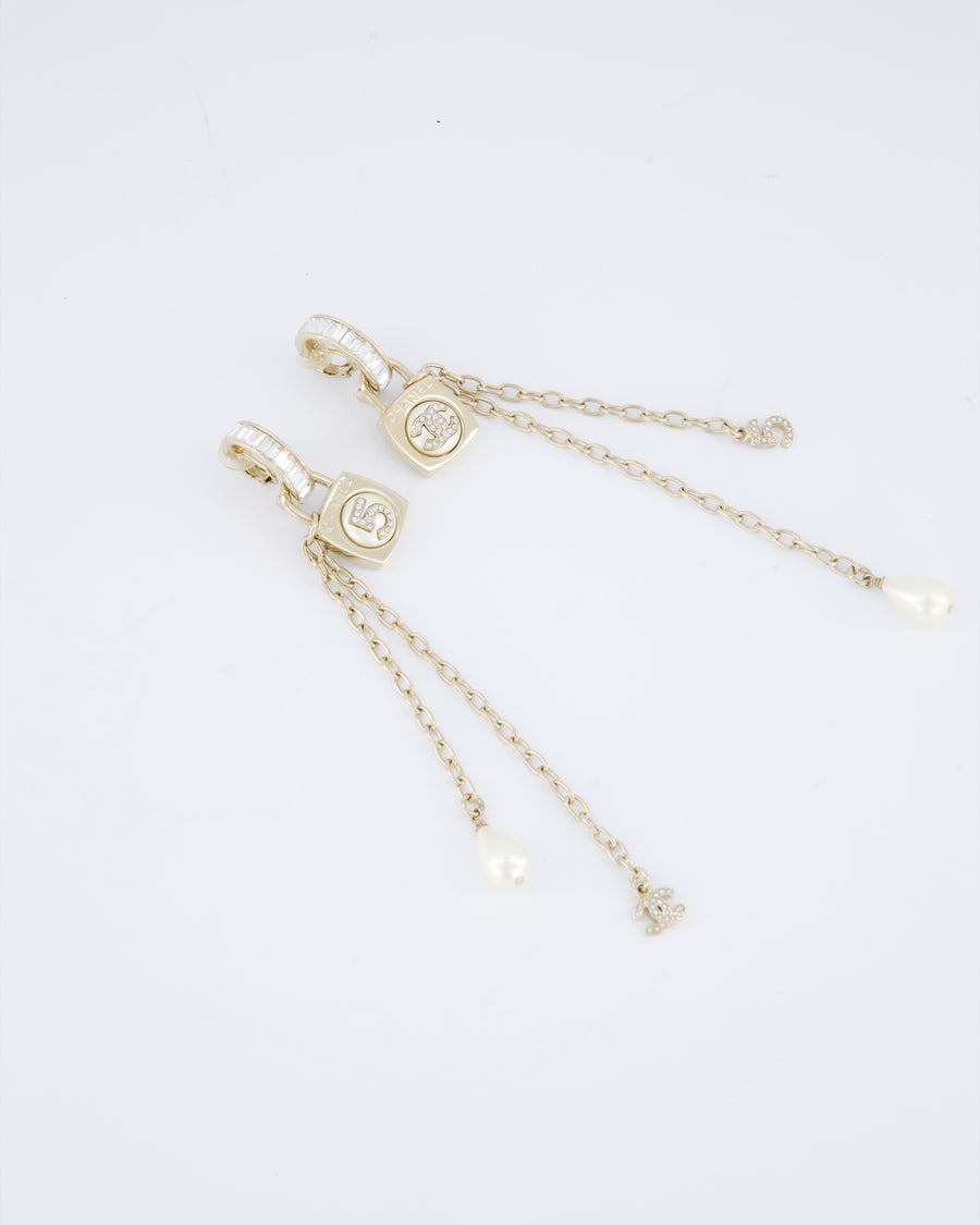 Chanel 23/S Gold Pearl No5 CC Drop Diamante Earrings