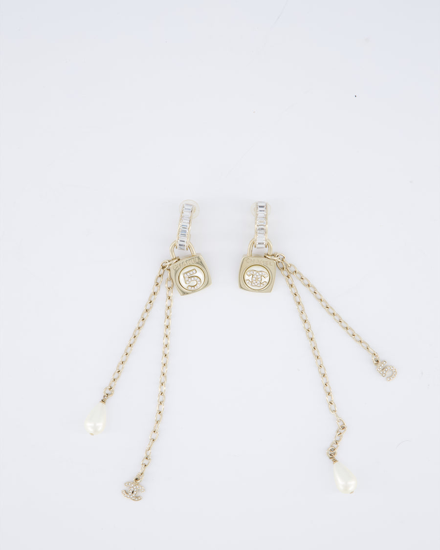 Chanel 23/S Gold Pearl No5 CC Drop Diamante Earrings