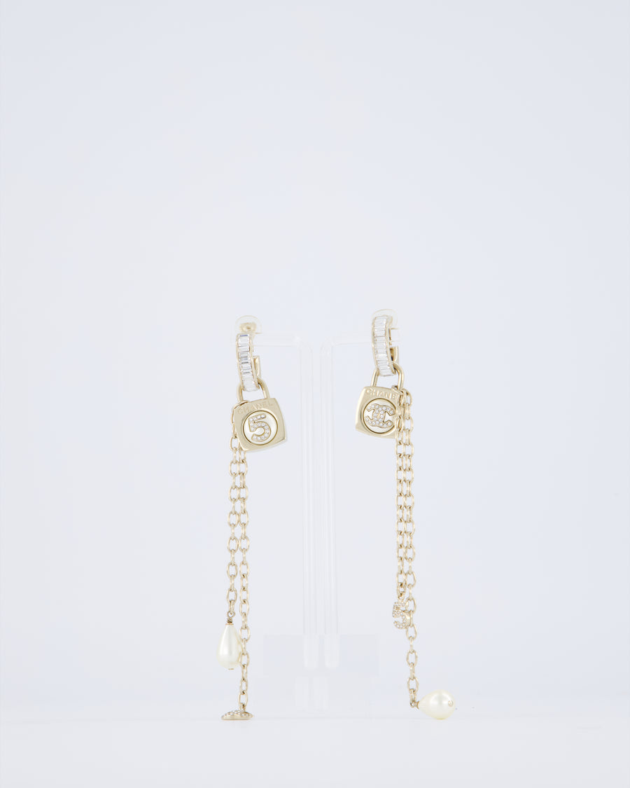 Chanel 23/S Gold Pearl No5 CC Drop Diamante Earrings