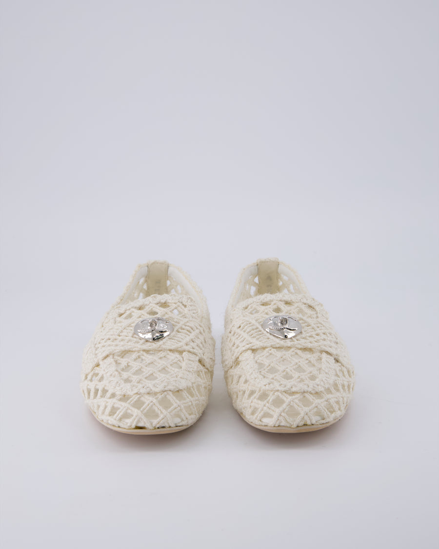 Chanel Cream Raffia Crochet Loafers with Silver CC Heart Detail Size EU 36.5