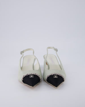 Chanel Grey, Black Suede Pointed Sling Back with Silver CC & Chain Logo Detail Size EU 37C