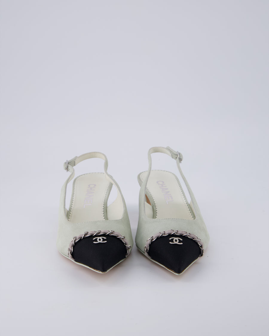 Chanel Grey, Black Suede Pointed Sling Back with Silver CC & Chain Logo Detail Size EU 37C