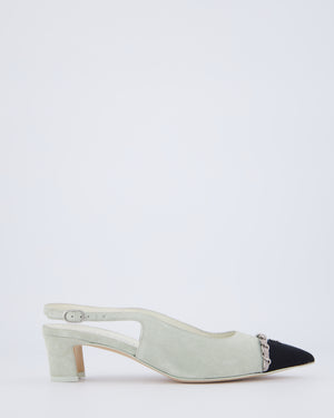 Chanel Grey, Black Suede Pointed Sling Back with Silver CC & Chain Logo Detail Size EU 37C