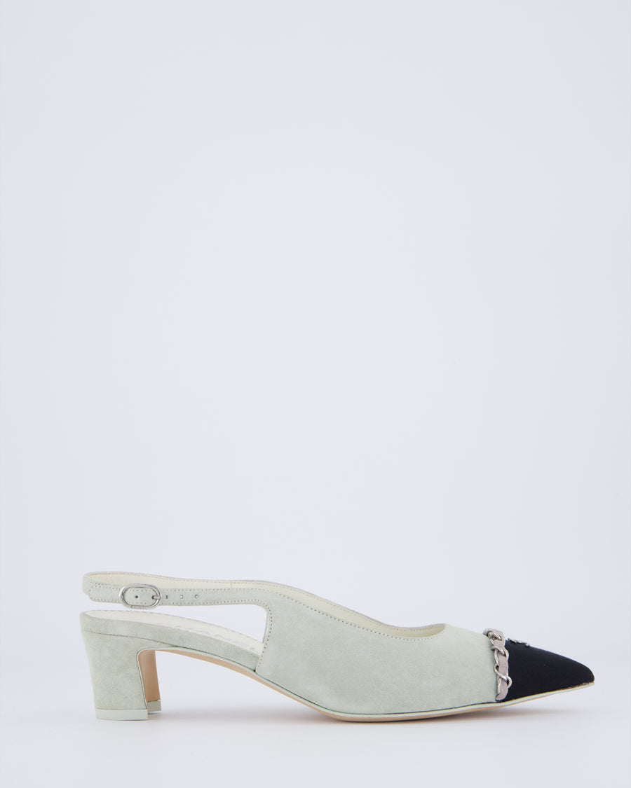 Chanel Grey, Black Suede Pointed Sling Back with Silver CC & Chain Logo Detail Size EU 37C