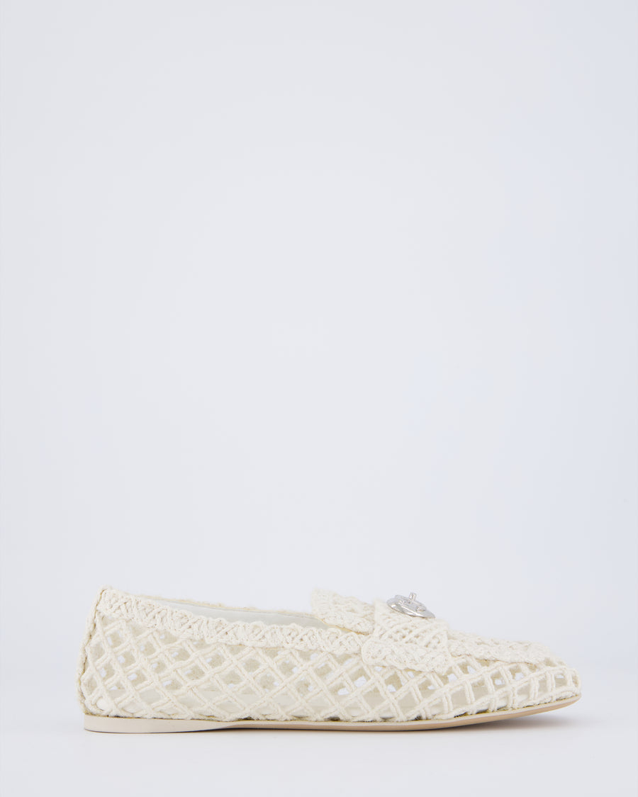 Chanel Cream Raffia Crochet Loafers with Silver CC Heart Detail Size EU 36.5