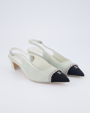 Chanel Grey, Black Suede Pointed Sling Back with Silver CC & Chain Logo Detail Size EU 37C