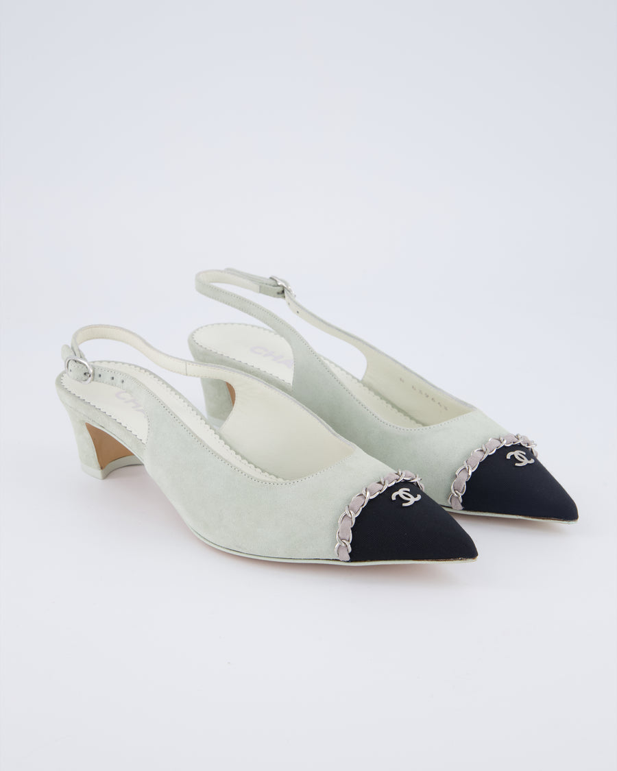 Chanel Grey, Black Suede Pointed Sling Back with Silver CC & Chain Logo Detail Size EU 37C