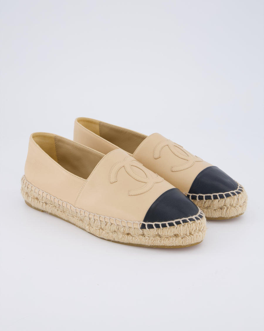 Chanel Beige, Black Leather Espadrilles with CC Logo Size EU 37