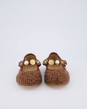 Chanel Burgundy, Brown Tweed Ballet Flats with Gold Coin, Charm Gold Strap Details Size EU 37