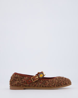 Chanel Burgundy, Brown Tweed Ballet Flats with Gold Coin, Charm Gold Strap Details Size EU 37