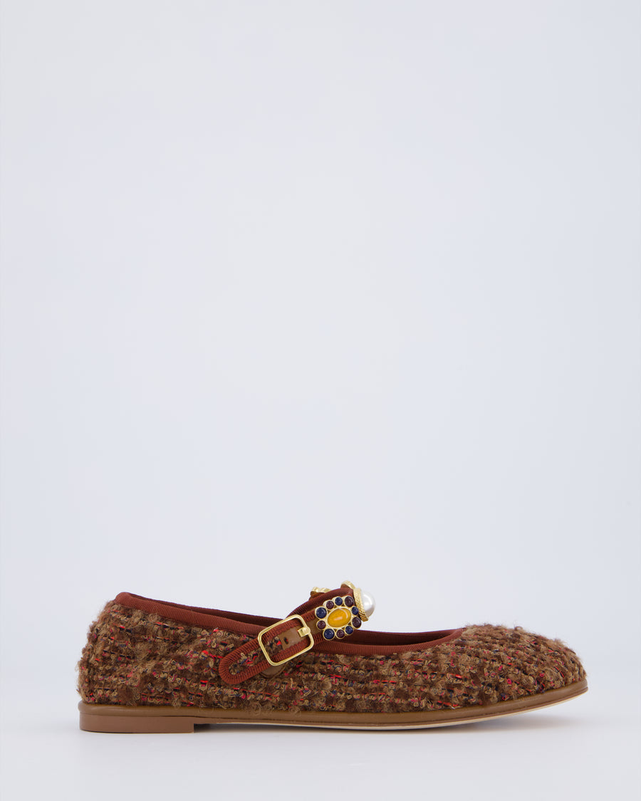 Chanel Burgundy, Brown Tweed Ballet Flats with Gold Coin, Charm Gold Strap Details Size EU 37