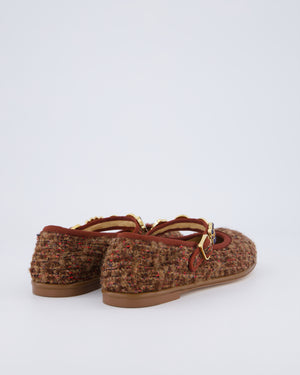 Chanel Burgundy, Brown Tweed Ballet Flats with Gold Coin, Charm Gold Strap Details Size EU 37