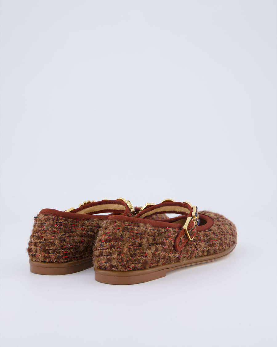 Chanel Burgundy, Brown Tweed Ballet Flats with Gold Coin, Charm Gold Strap Details Size EU 37