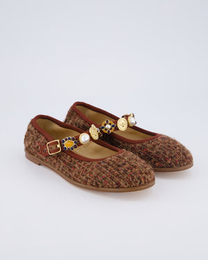 Chanel Burgundy, Brown Tweed Ballet Flats with Gold Coin, Charm Gold Strap Details Size EU 37