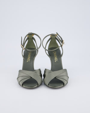 Chanel Olive Green Satin Heeled Sandal with Champagne Gold Crystal Bow & Ball Detail Size EU 36.5