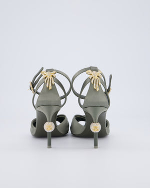 Chanel Olive Green Satin Heeled Sandal with Champagne Gold Crystal Bow & Ball Detail Size EU 36.5