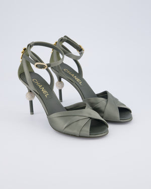 Chanel Olive Green Satin Heeled Sandal with Champagne Gold Crystal Bow & Ball Detail Size EU 36.5