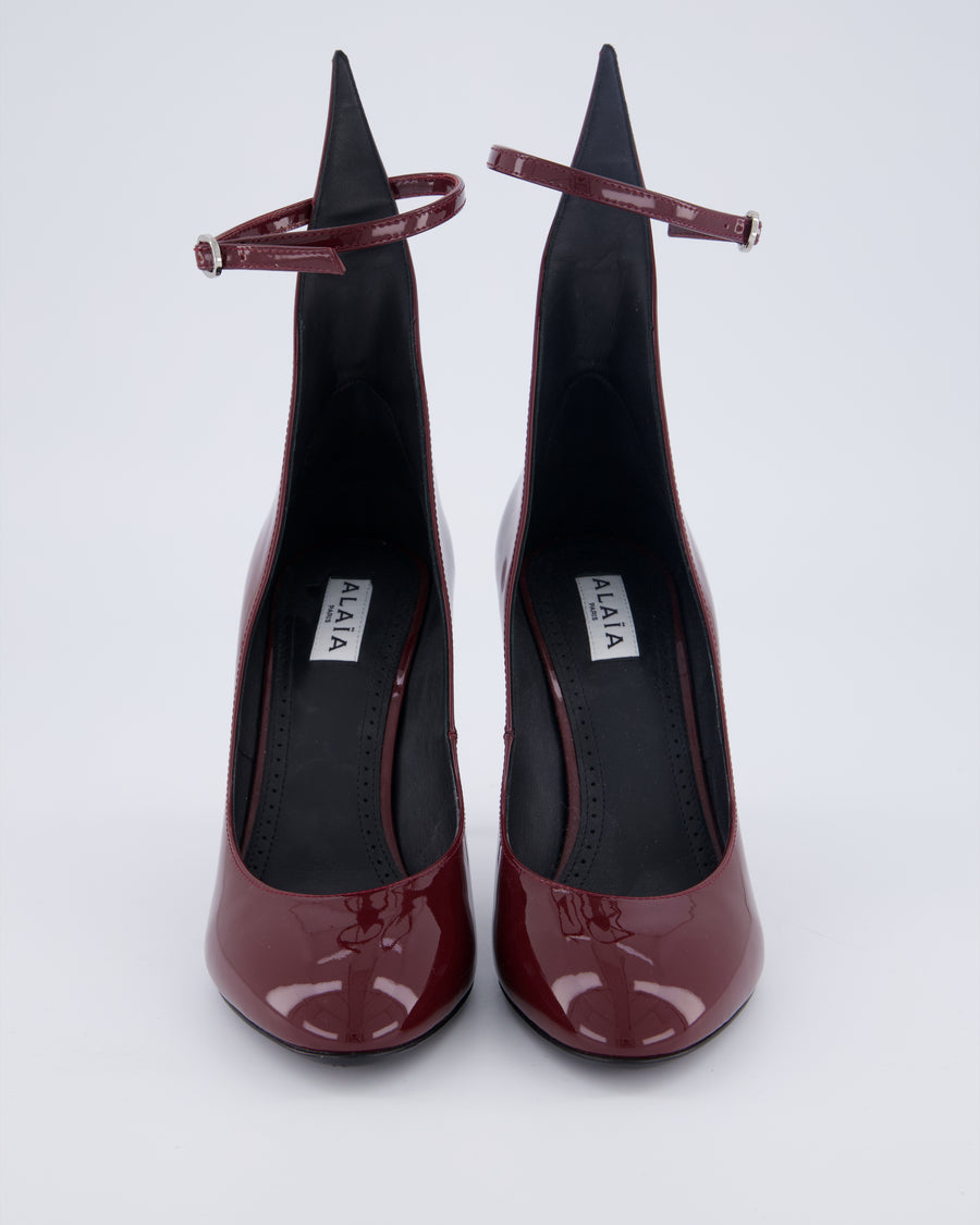 Alaïa 90 Burgundy Patent-Leather Heeled Pumps with Ankle Detai Size EU 37