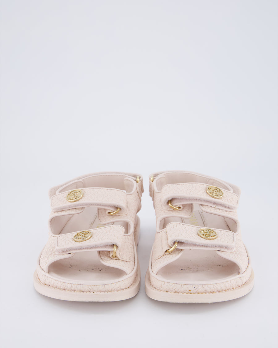 Chanel Light Pink Leather Raffia Effect Dad Sandals with Aged Champagne Gold Coin Logo Detail Size EU 36.5C