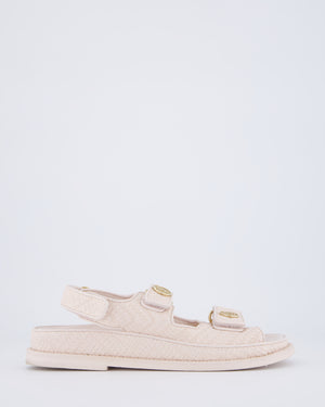 Chanel Light Pink Leather Raffia Effect Dad Sandals with Aged Champagne Gold Coin Logo Detail Size EU 36.5C