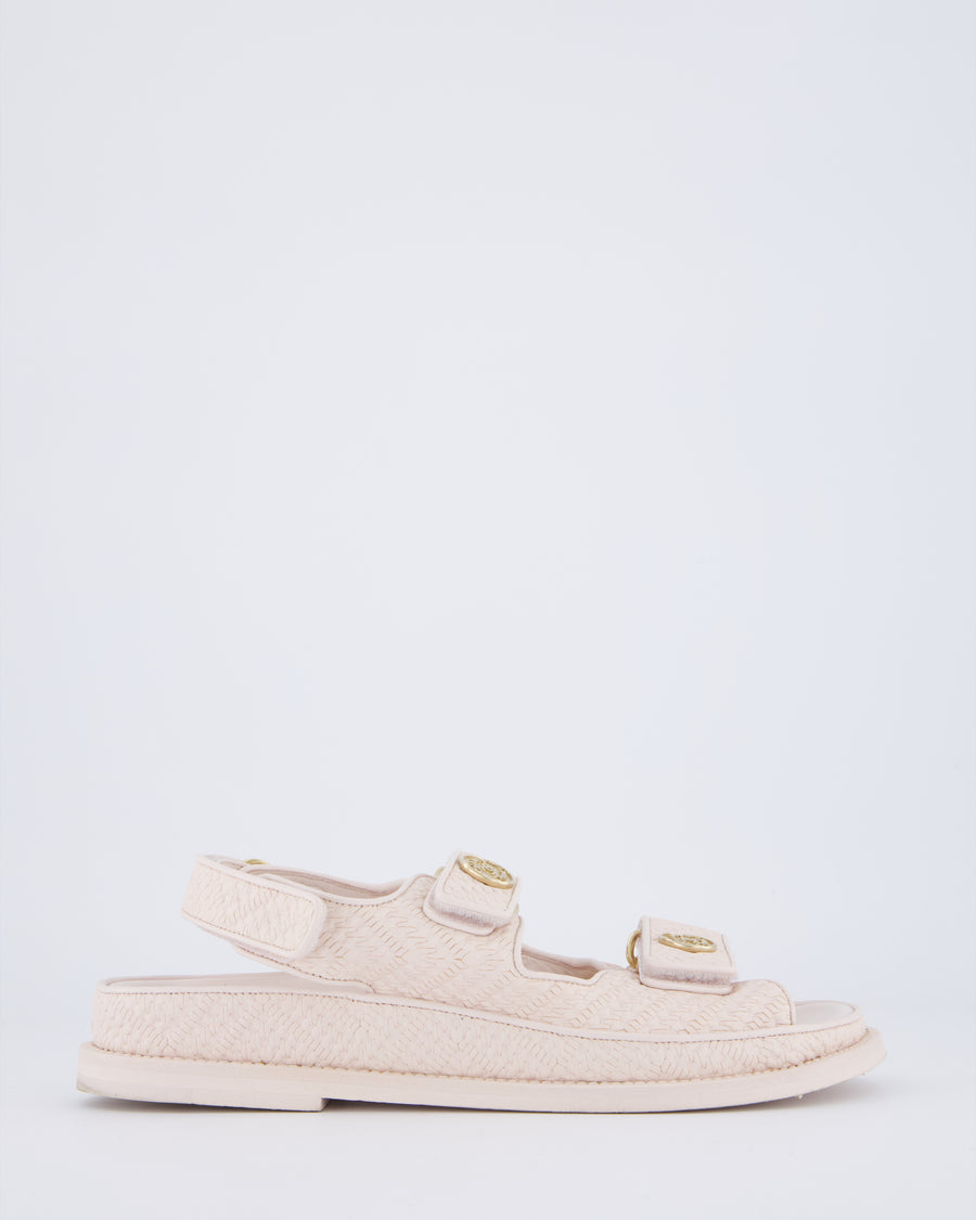 Chanel Light Pink Leather Raffia Effect Dad Sandals with Aged Champagne Gold Coin Logo Detail Size EU 36.5C
