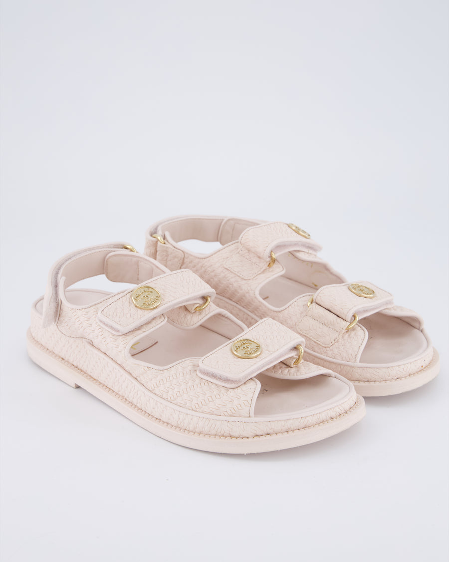 Chanel Light Pink Leather Raffia Effect Dad Sandals with Aged Champagne Gold Coin Logo Detail Size EU 36.5C