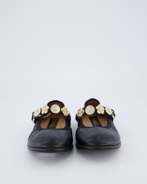 Chanel Black Leather Ruched Ballet Flat with Brushed Champagne Gold Charm Strap Details EU 37C
