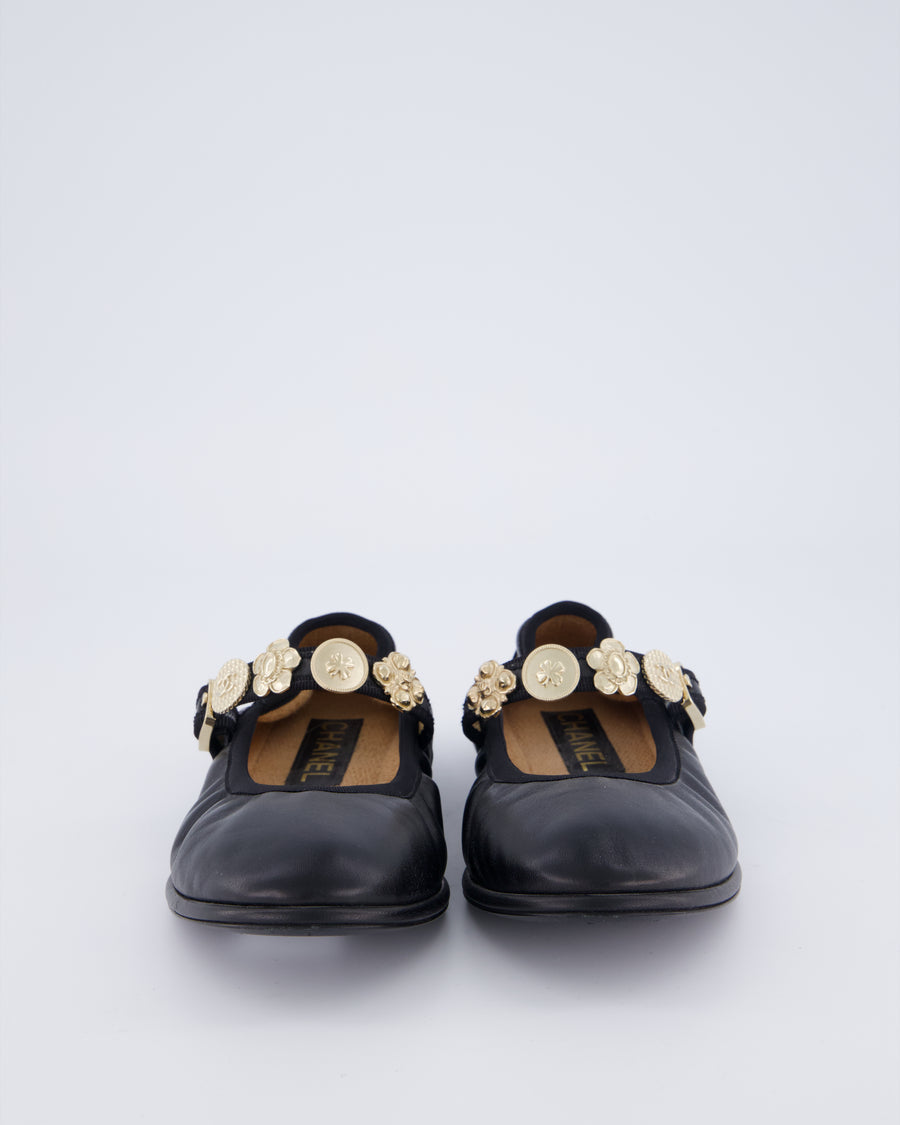 Chanel Black Leather Ruched Ballet Flat with Brushed Champagne Gold Charm Strap Details EU 37C