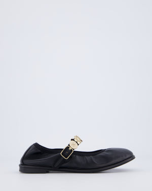 Chanel Black Leather Ruched Ballet Flat with Brushed Champagne Gold Charm Strap Details EU 37C