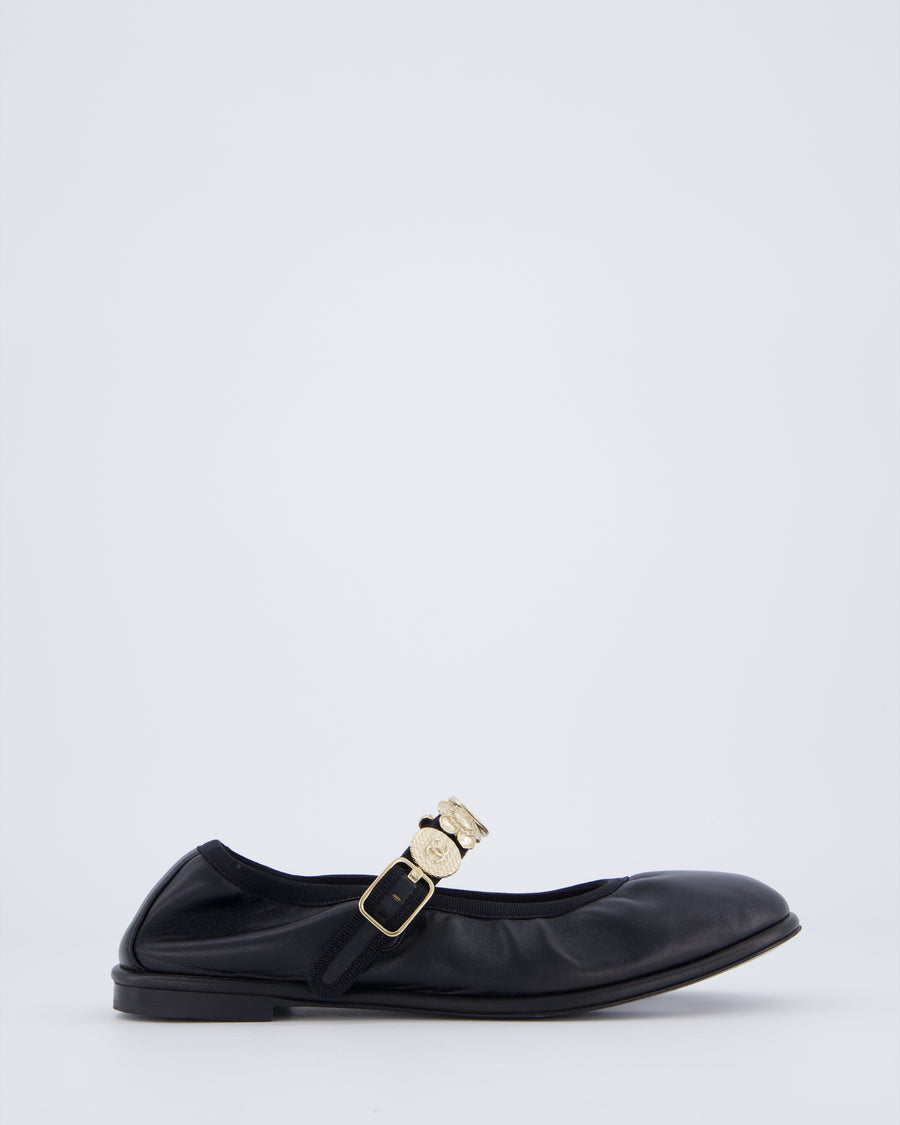 Chanel Black Leather Ruched Ballet Flat with Brushed Champagne Gold Charm Strap Details EU 37C