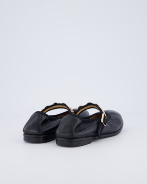 Chanel Black Leather Ruched Ballet Flat with Brushed Champagne Gold Charm Strap Details EU 37C