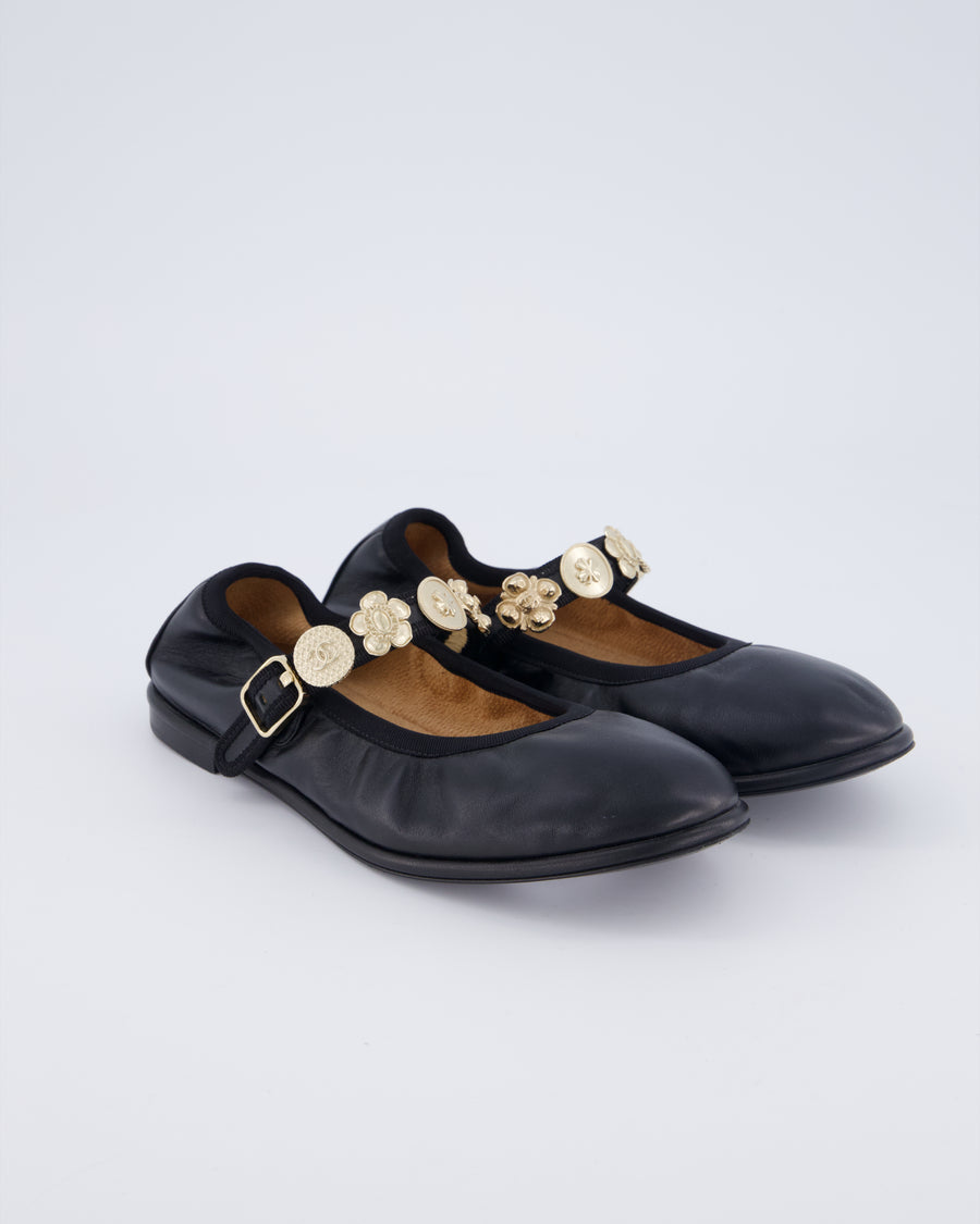 Chanel Black Leather Ruched Ballet Flat with Brushed Champagne Gold Charm Strap Details EU 37C