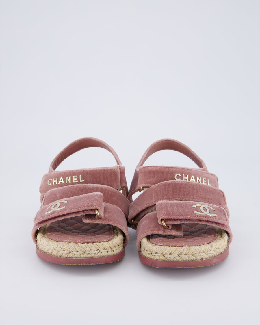 Chanel Rose Pink Velvet Raffia Dad Sandals with Champagne Gold CC Logo Size EU 37C