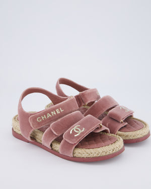 Chanel Rose Pink Velvet Raffia Dad Sandals with Champagne Gold CC Logo Size EU 37C