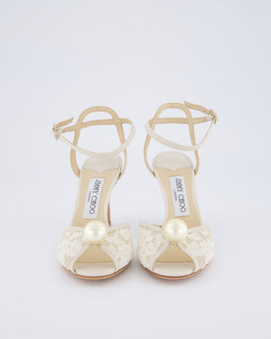 Jimmy Choo Cream Lace Leather High Sandal Pearl Detail Size EU 36.5
