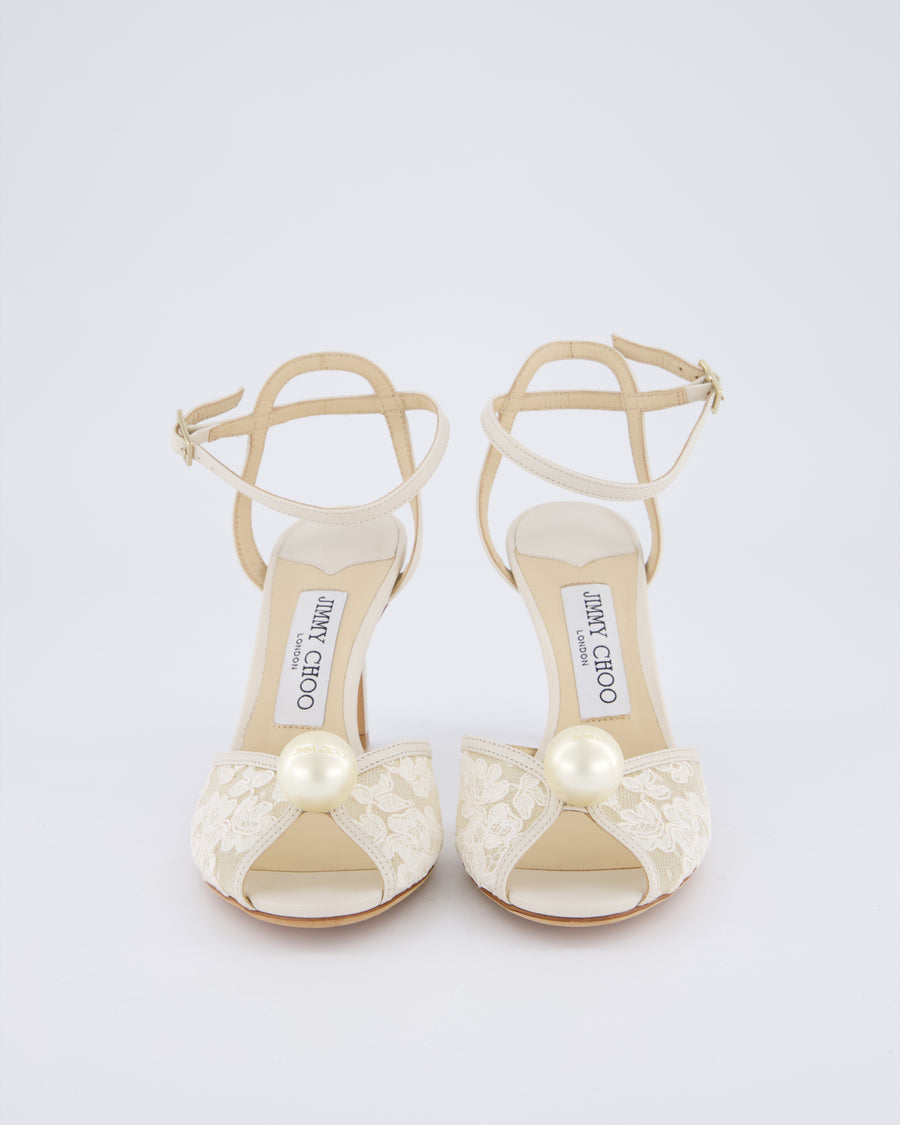 Jimmy Choo Cream Lace Leather High Sandal Pearl Detail Size EU 36.5