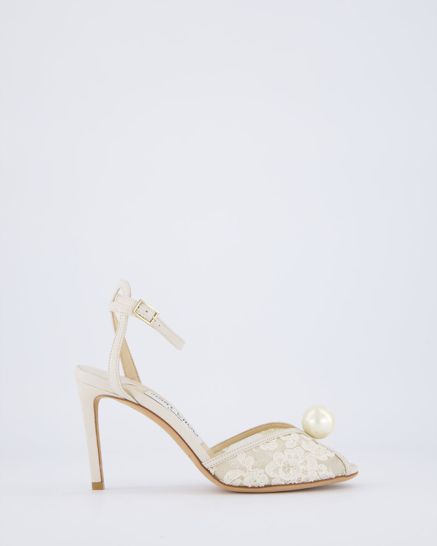 Jimmy Choo Cream Lace Leather High Sandal Pearl Detail Size EU 36.5