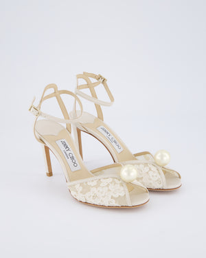 Jimmy Choo Cream Lace Leather High Sandal Pearl Detail Size EU 36.5