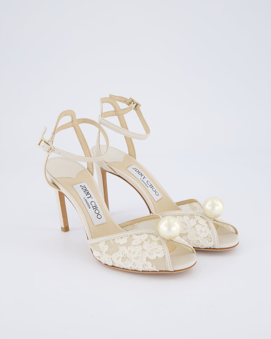 Jimmy Choo Cream Lace Leather High Sandal Pearl Detail Size EU 36.5