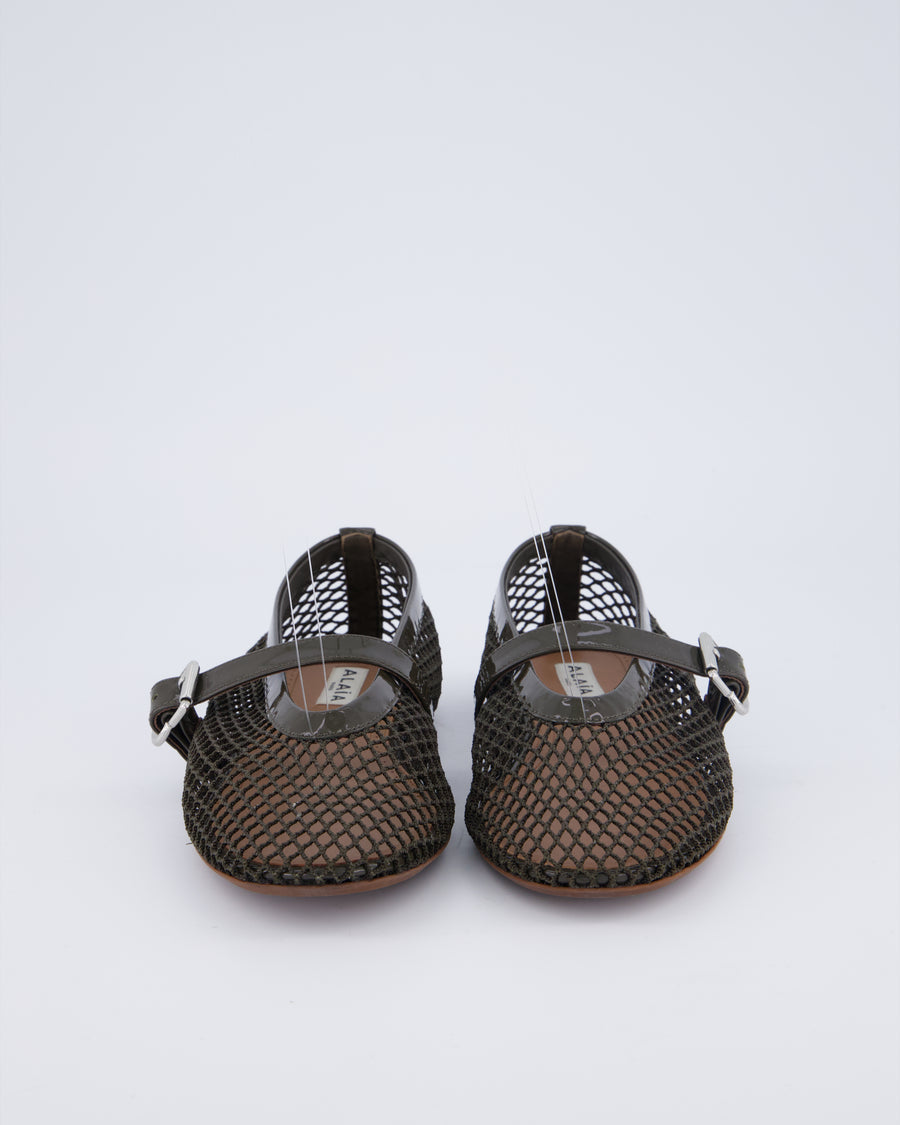 Alaia Khaki Patent Leather Mesh Ballet Flats Size EU 37 RRP £690