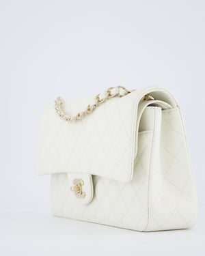 Chanel White Medium Classic Double Flap Bag in Caviar Leather with Champagne Gold Hardware