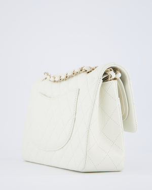 Chanel White Medium Classic Double Flap Bag in Caviar Leather with Champagne Gold Hardware